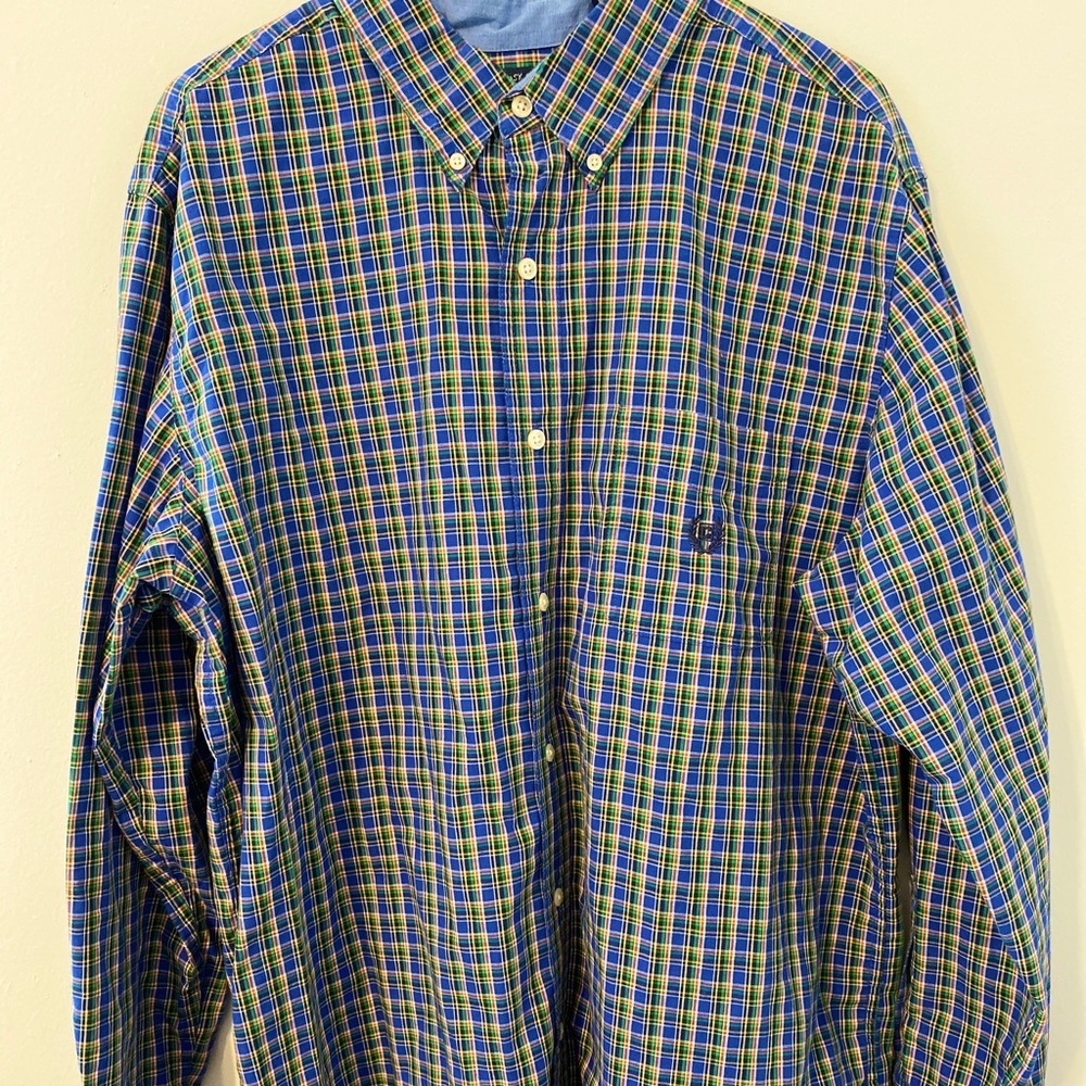 Multicolored Chaps plaid button down shirt